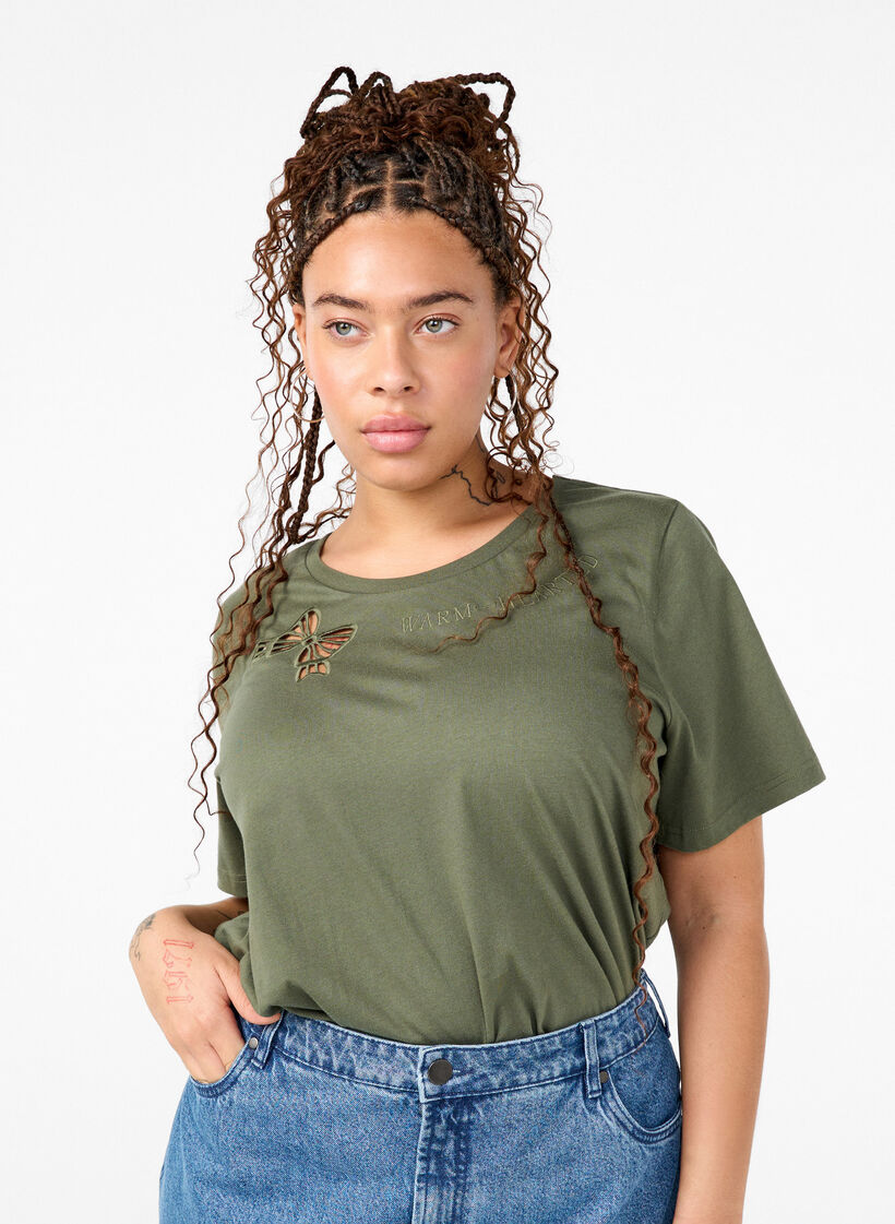 T-shirt van biologisch katoen met strikdetail, Thyme, Model image number 0