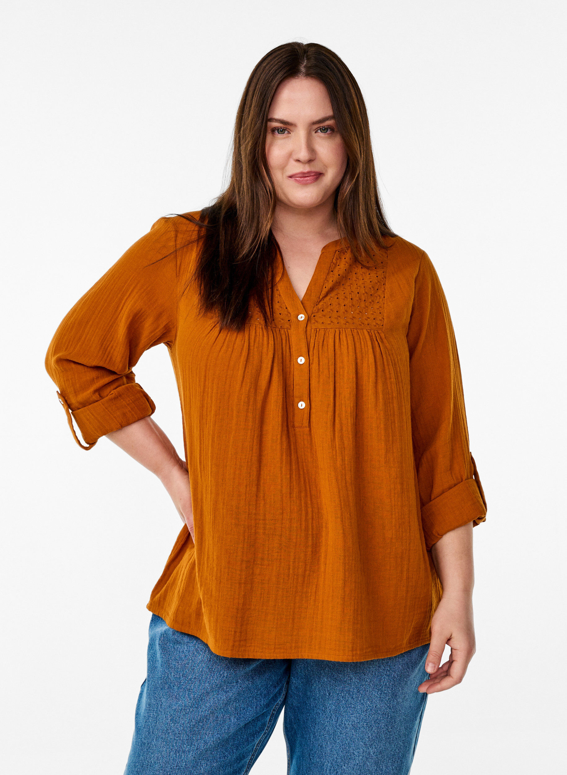 ZizziBlouse en mousseline de coton avec broderie anglaise, Orange, Model image number 0