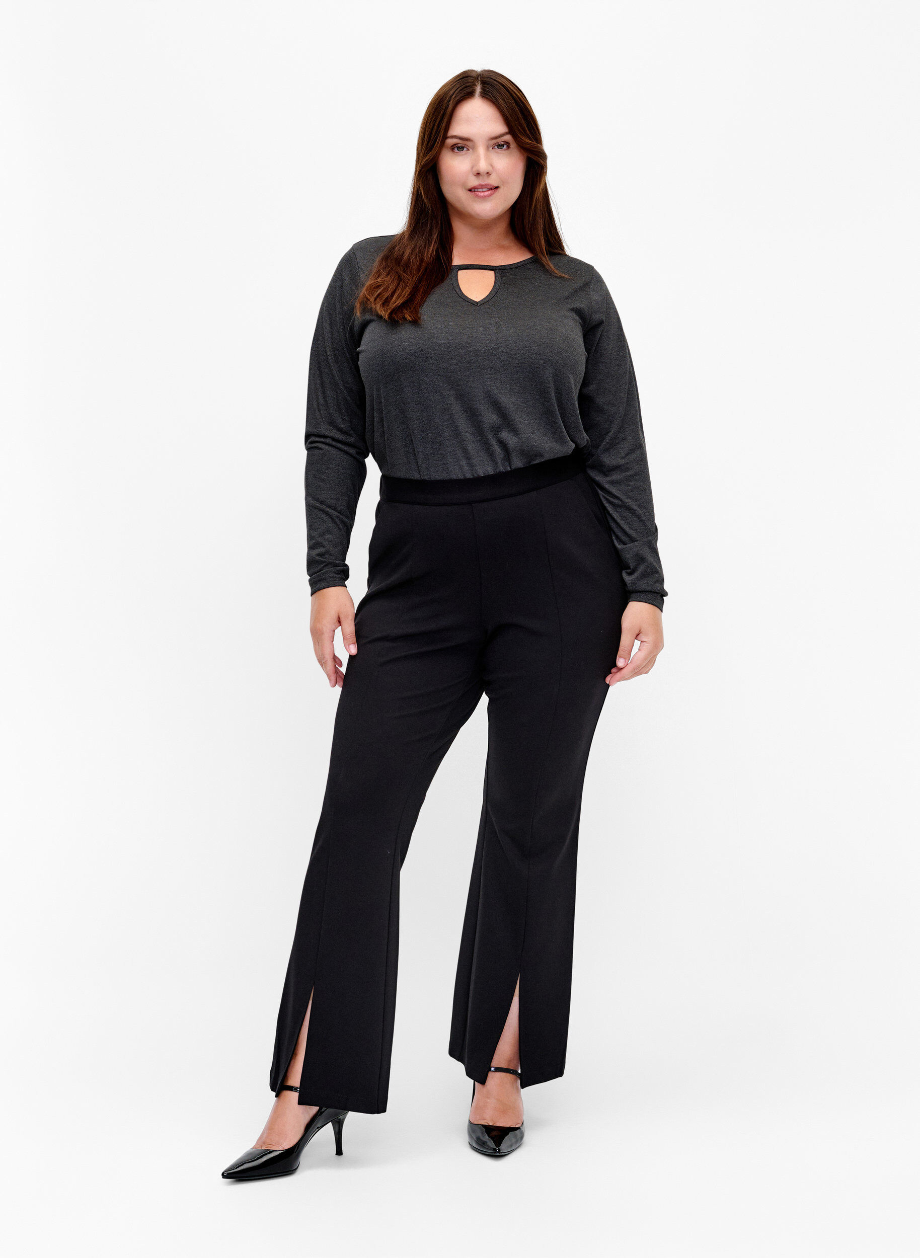 ZizziGem&ecirc;leerde blouse met lange mouwen, Black Mel. , Model image number 2
