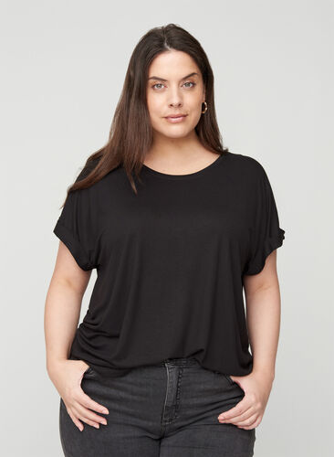 T-shirt col rond en mélange de viscose, Black, Model image number 0