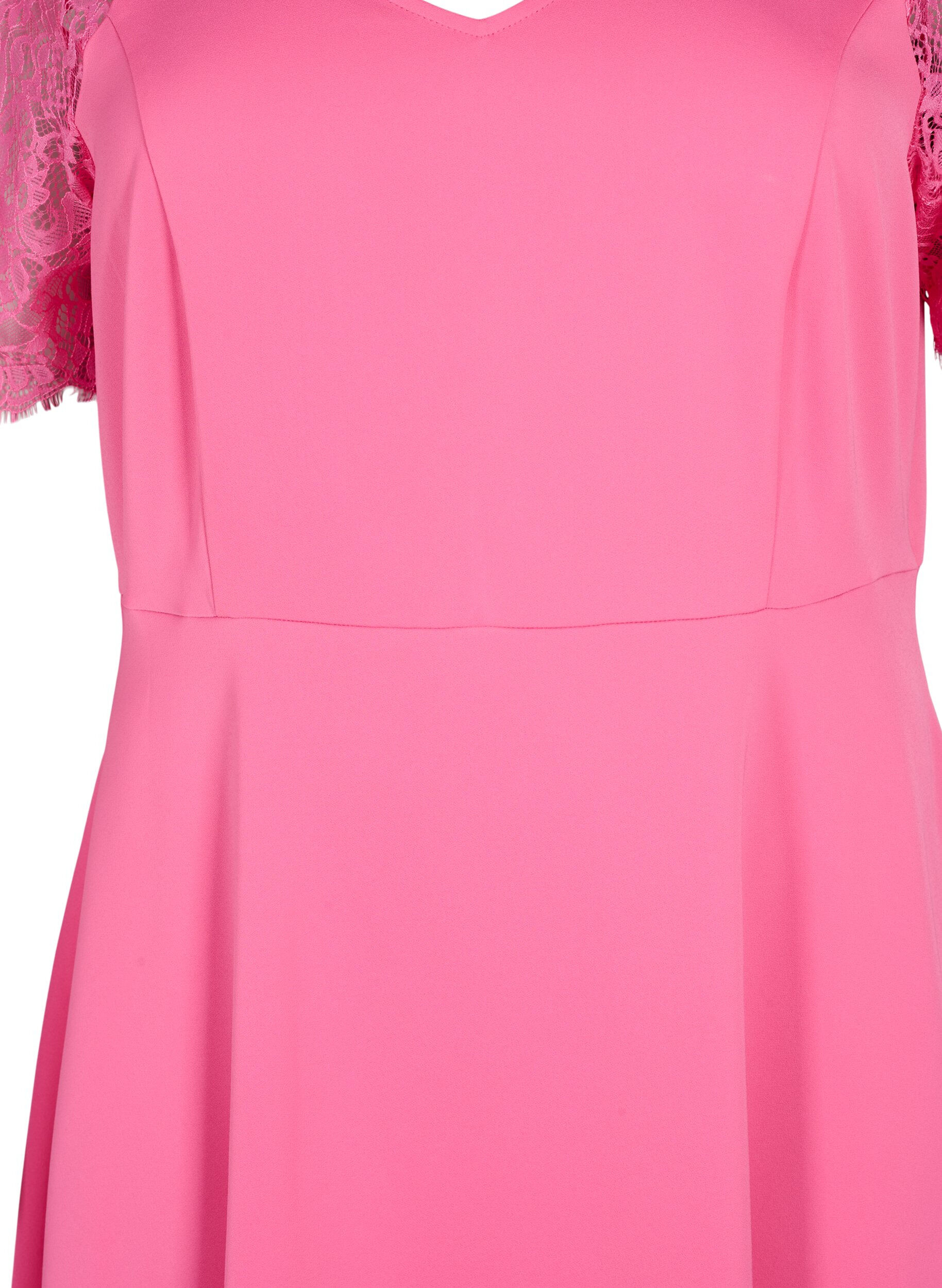 Zizzi Robe midi &agrave; manches courtes en dentelle, Shocking Pink, Packshot image number 2