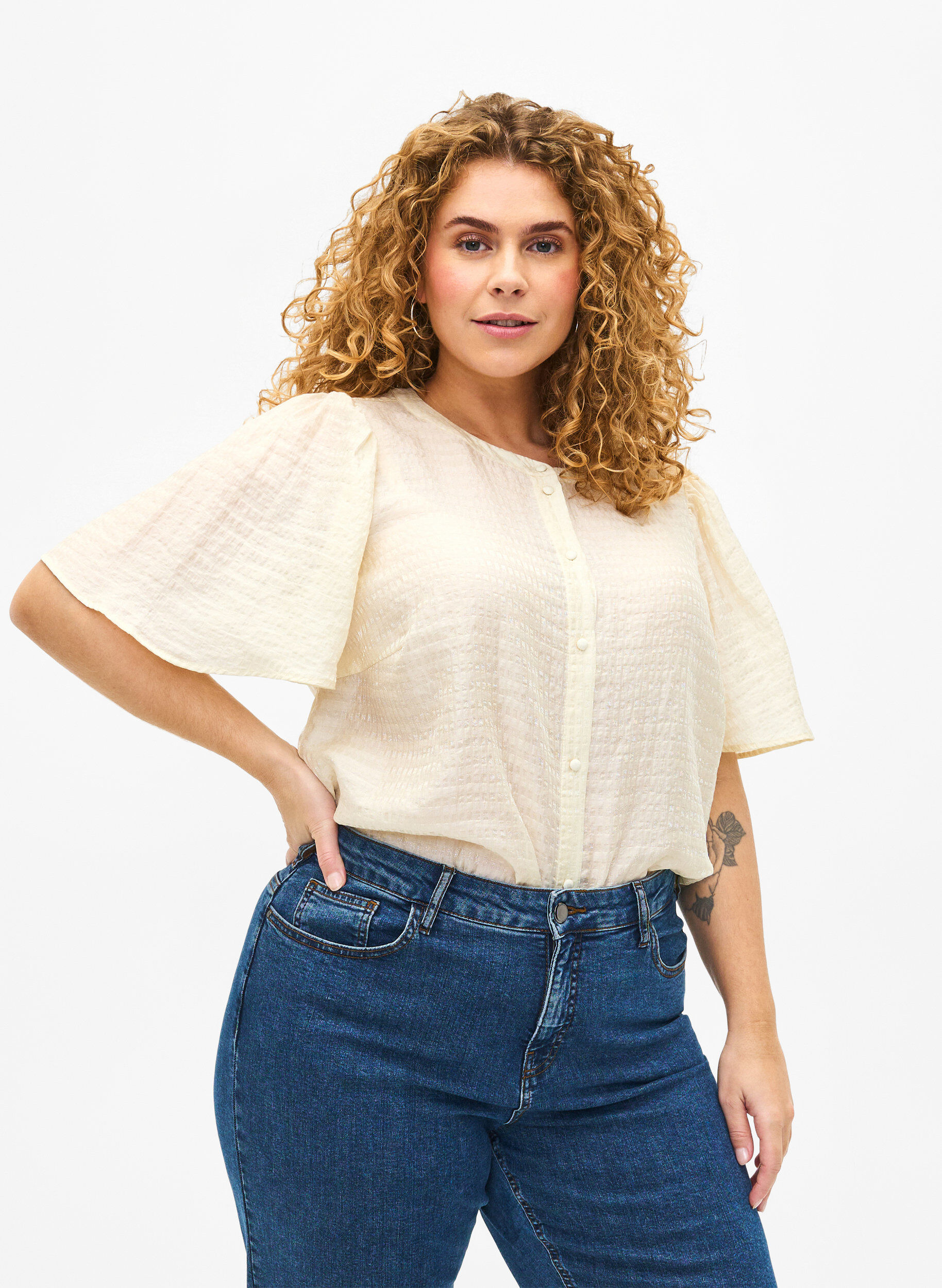 ZizziLyocell overhemdblouse met textuur, Antique White, Model image number 0