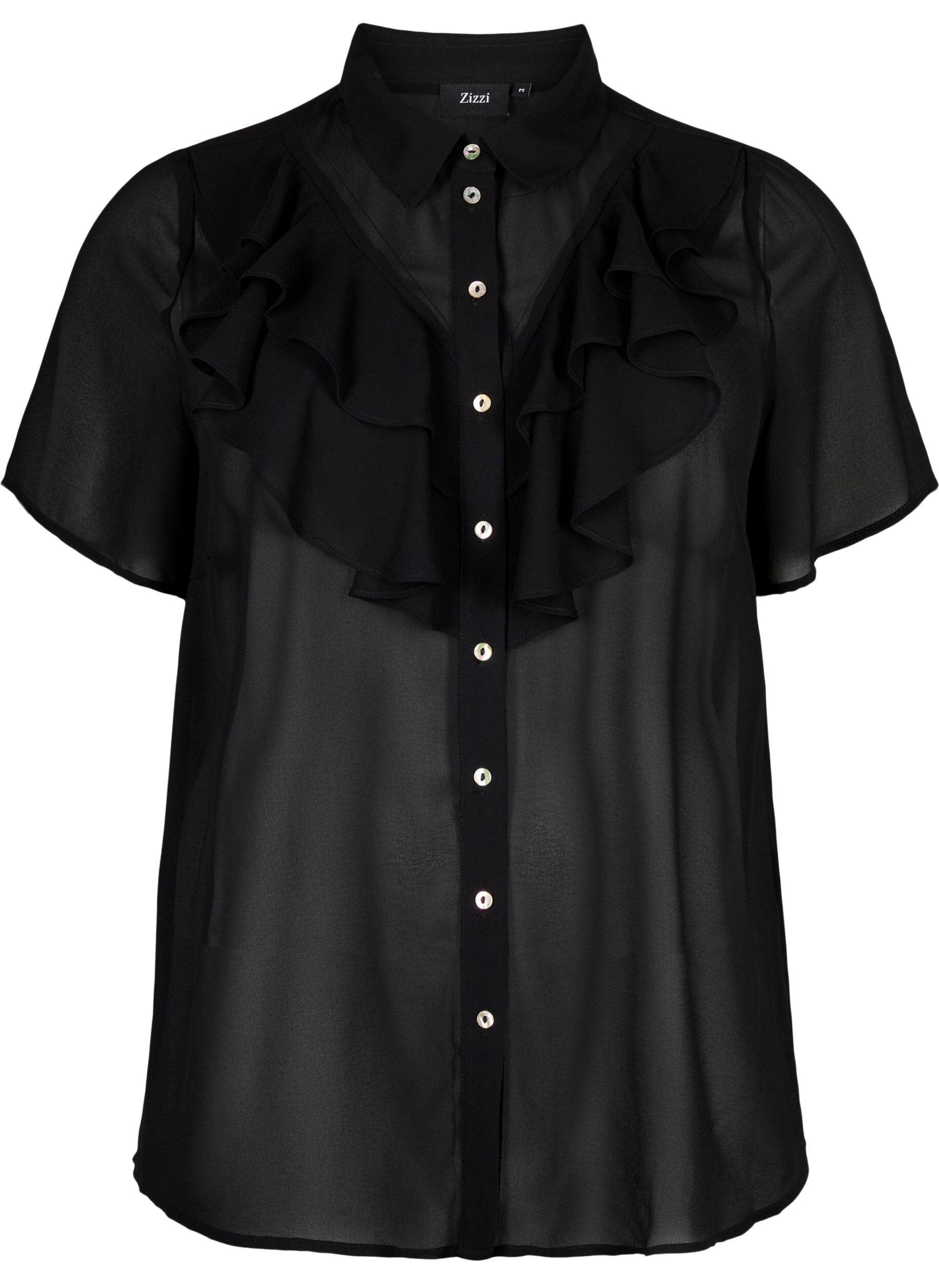 ZizziOverhemdblouse met korte mouwen en ruches, Black, Packshot image number 0