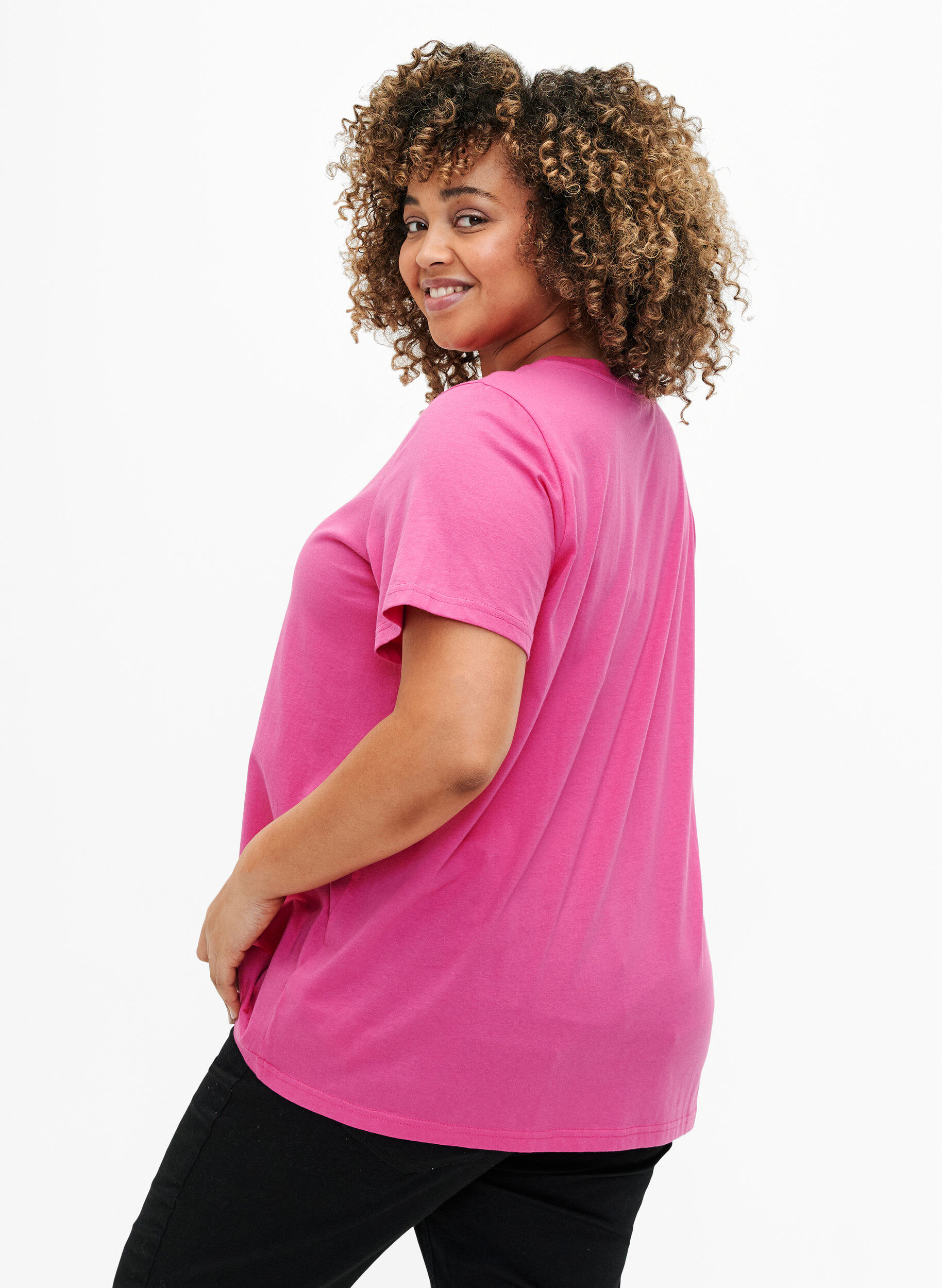 Zizzi T-shirt en coton avec texte dor&eacute;, R.Sorbet w.Gold Love, Model image number 1