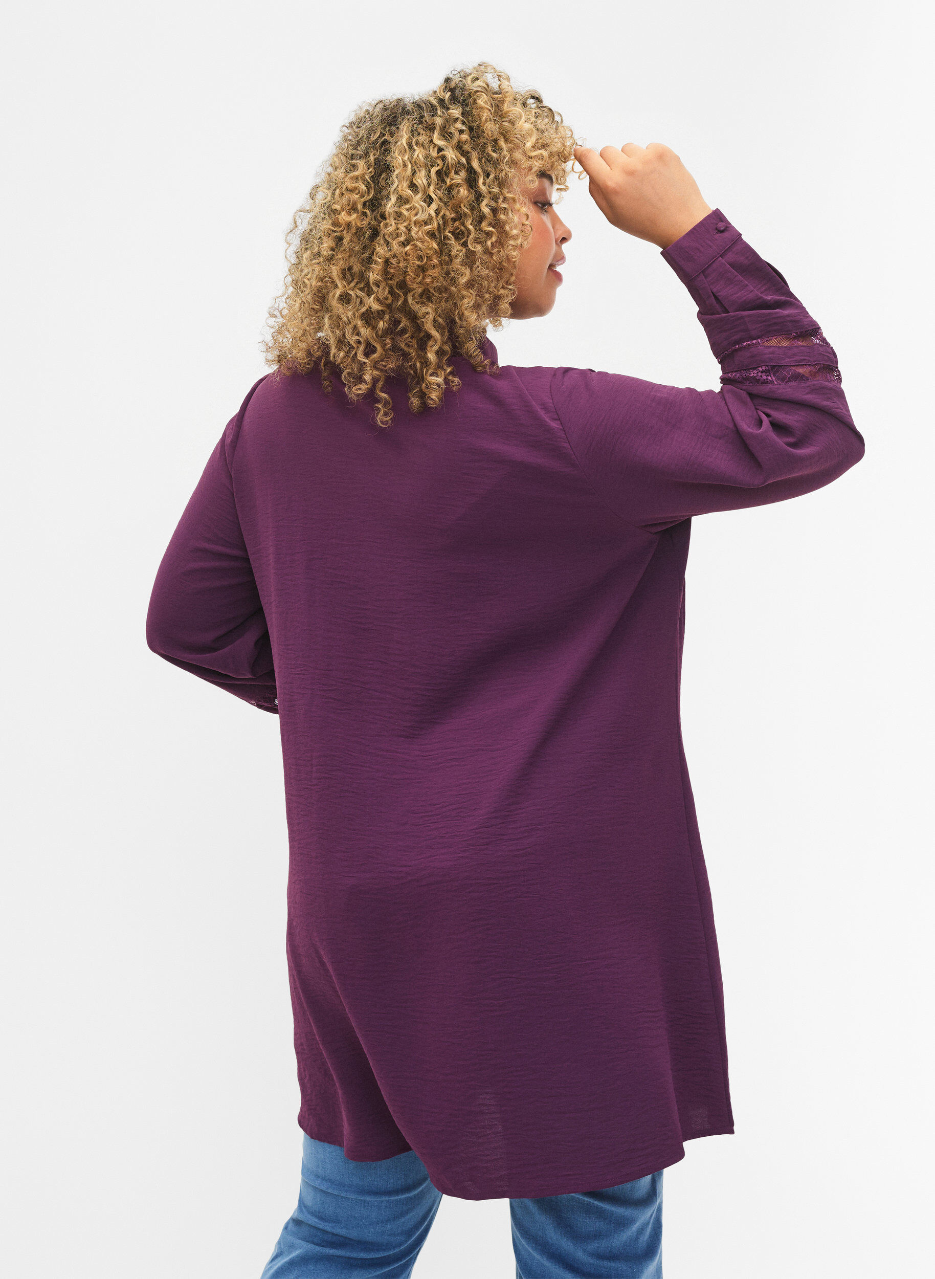 Zizzi Chemise longue avec d&eacute;tails en dentelle, Deep Purple, Model image number 1