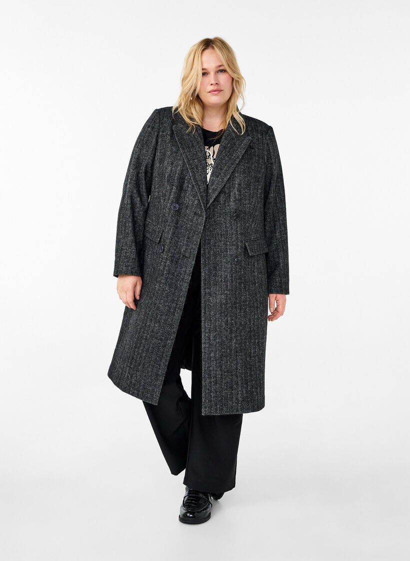 Manteau long en laine à chevrons, Dark Grey Melange, Model image number 2