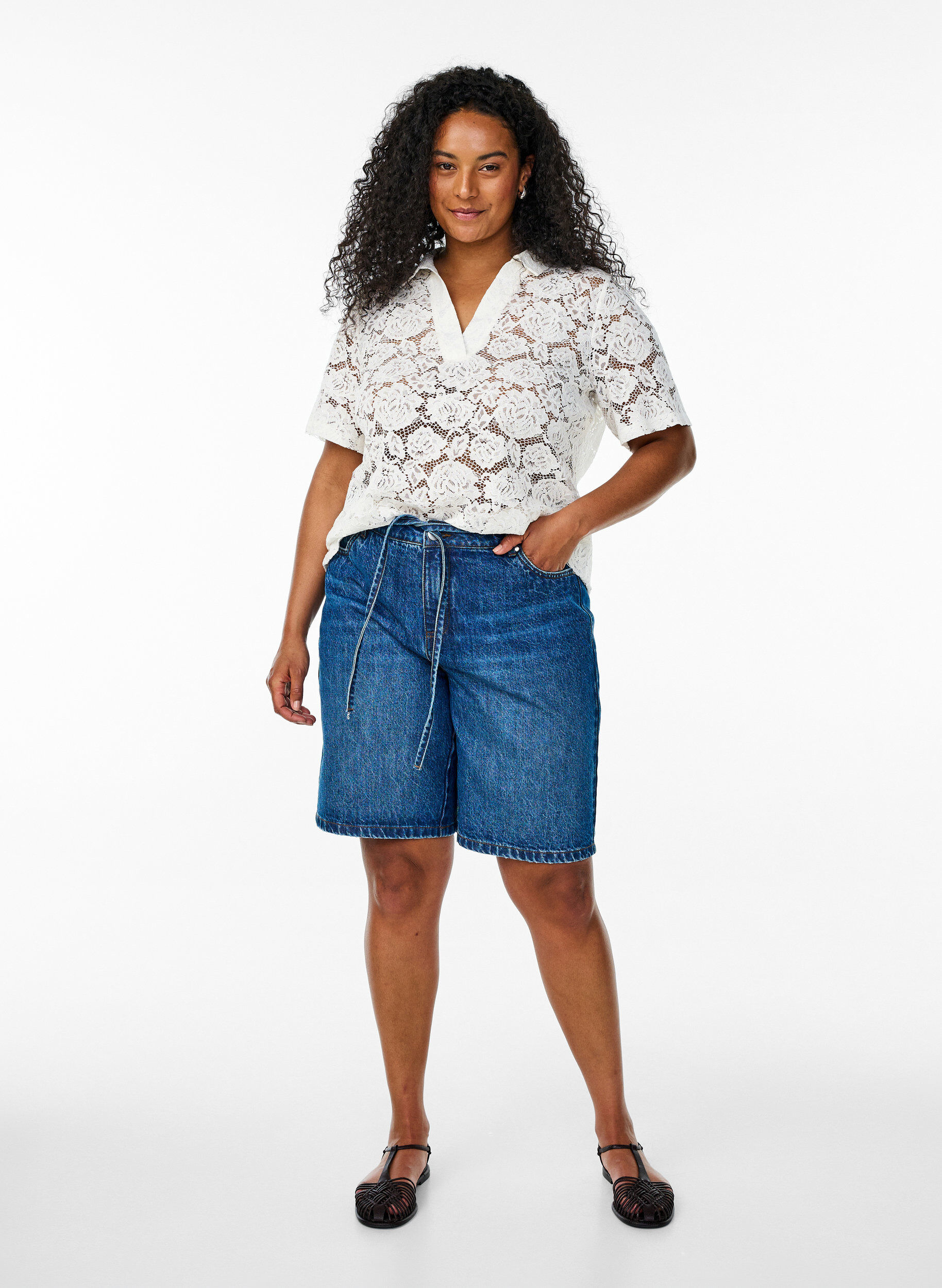 ZizziKanten blouse met een kraag en V-hals, Vanille, Model image number 1