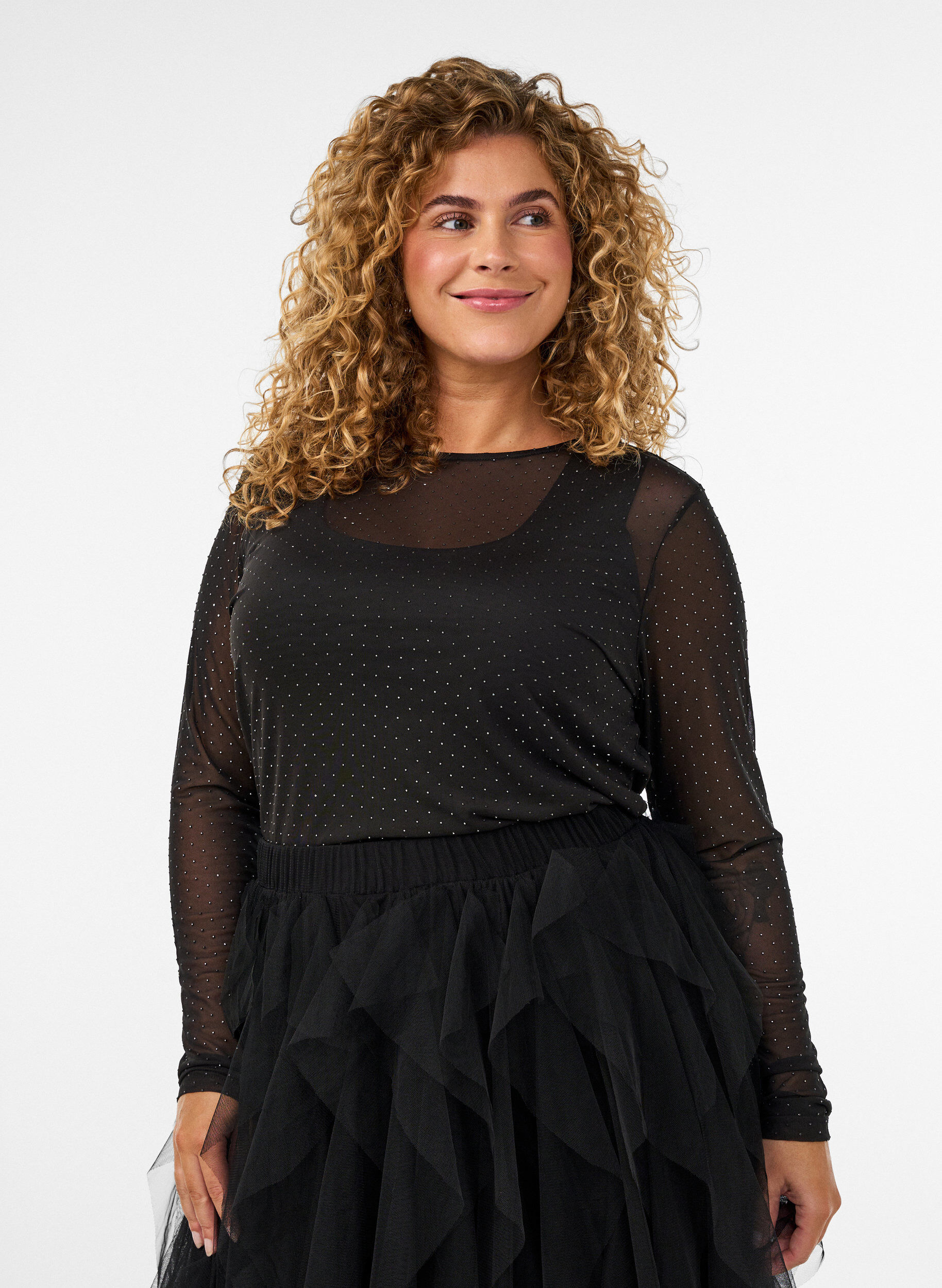 ZizziBlouse en maille transparente avec strass, Noir, Model image number 0