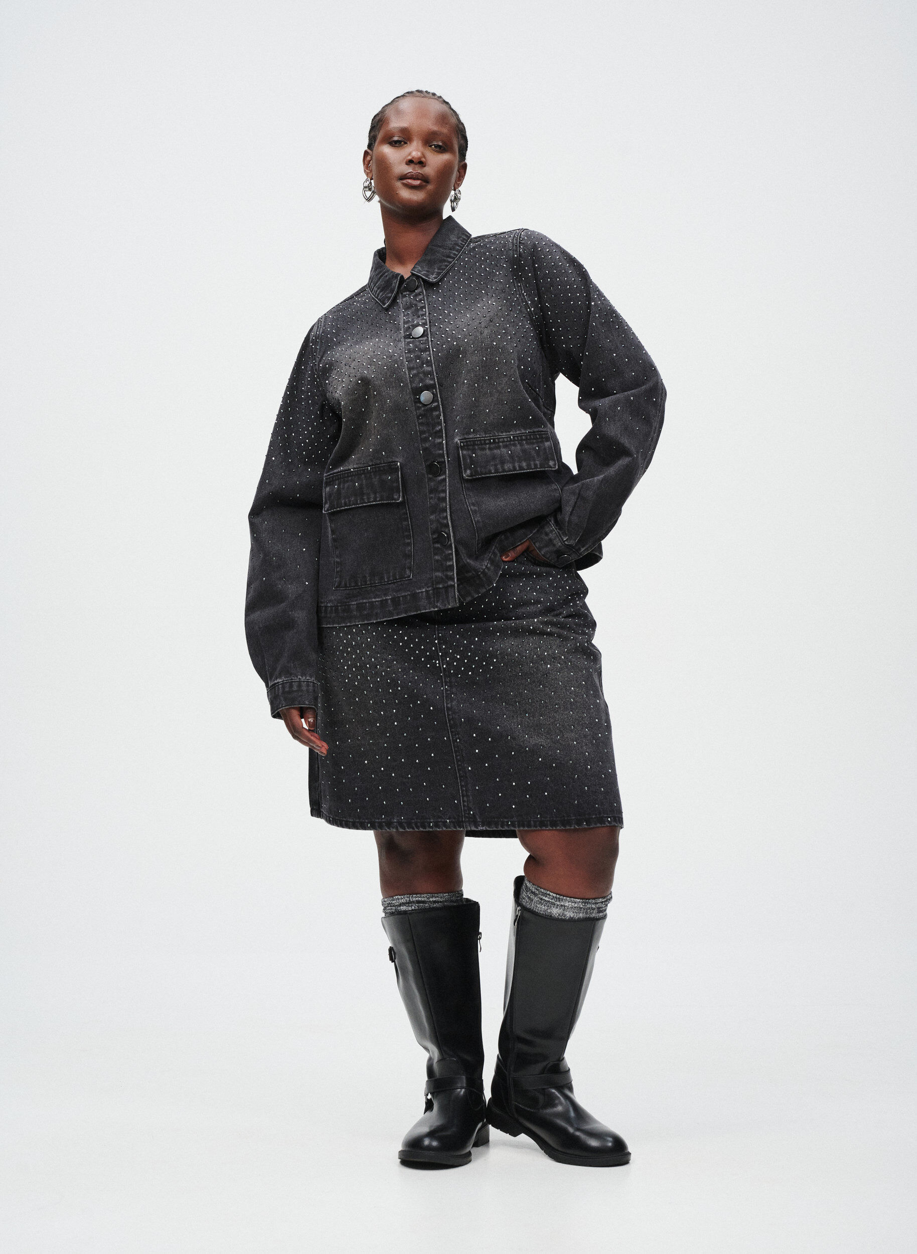 ZizziKorte denimrok met stenen., Grijs, Image image number 0