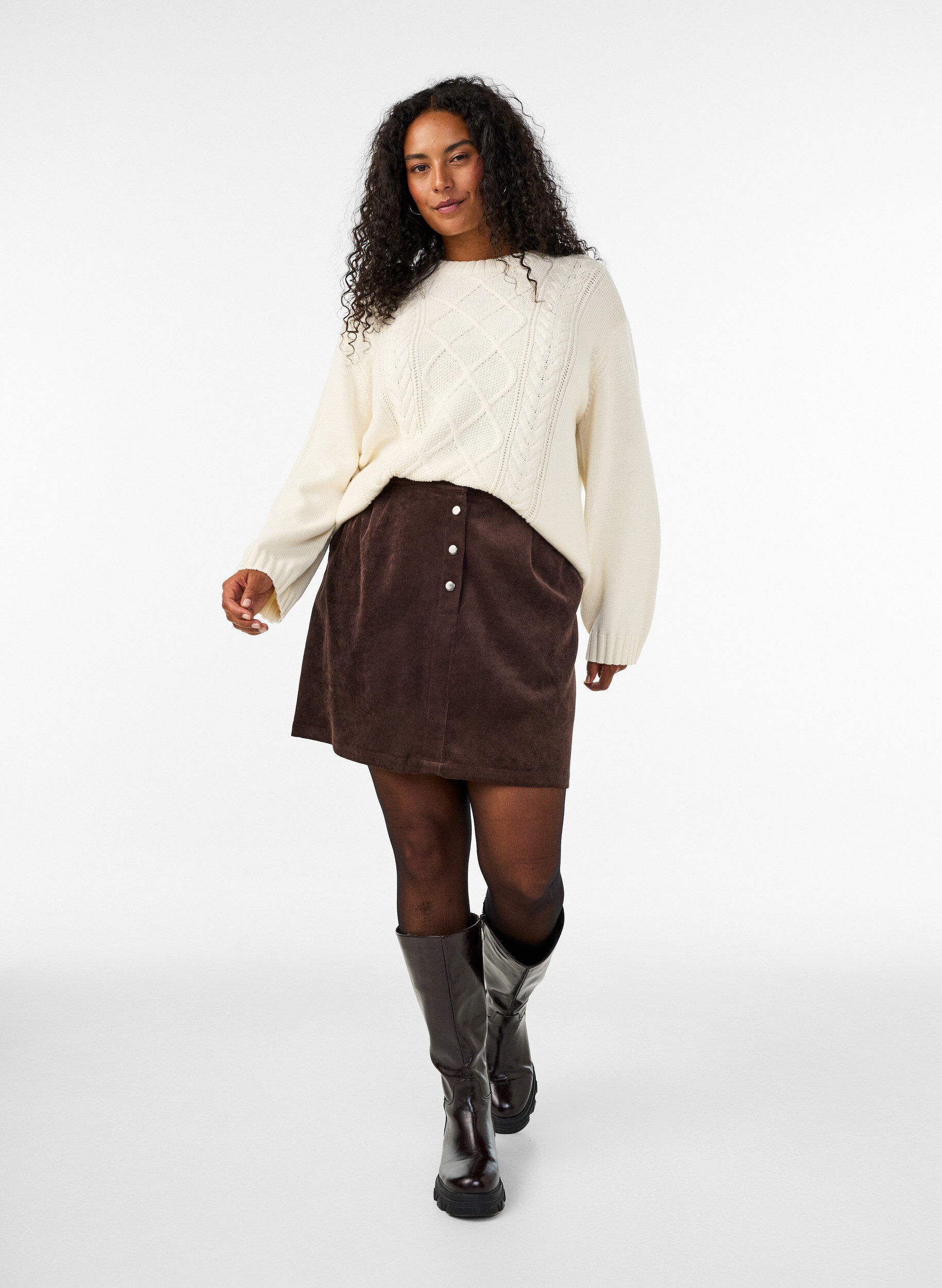 ZizziKorte corduroy rok met drukknopen, Bruin, Model image number 1