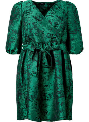 Robe portefeuille courte à manches 3/4, Green , Packshot image number 0