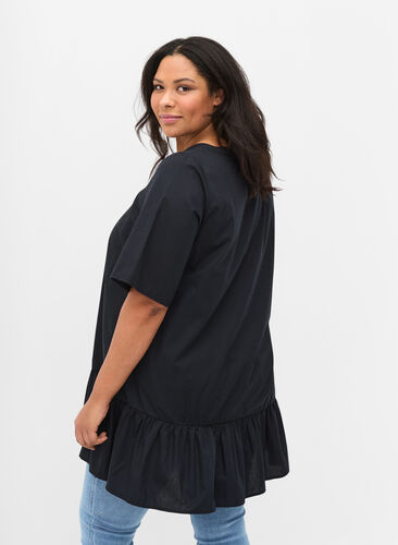 Tunique en coton à manches courtes et coupe trapèze, Black , Model image number 1