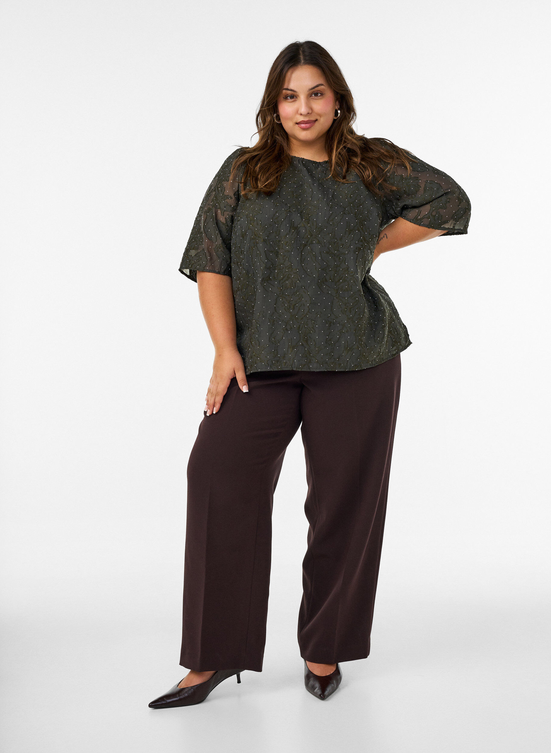 ZizziJacquard blouse met sprankelende details en pofmouwen, Groen, Model image number 1