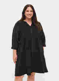 Fluwelen jurk met 3/4-mouwen en knopen, Black, Model