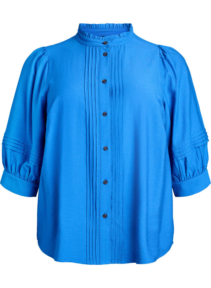 Blouse avec manches 3/4 et plis décoratifs, Bleu, Packshot image number 0