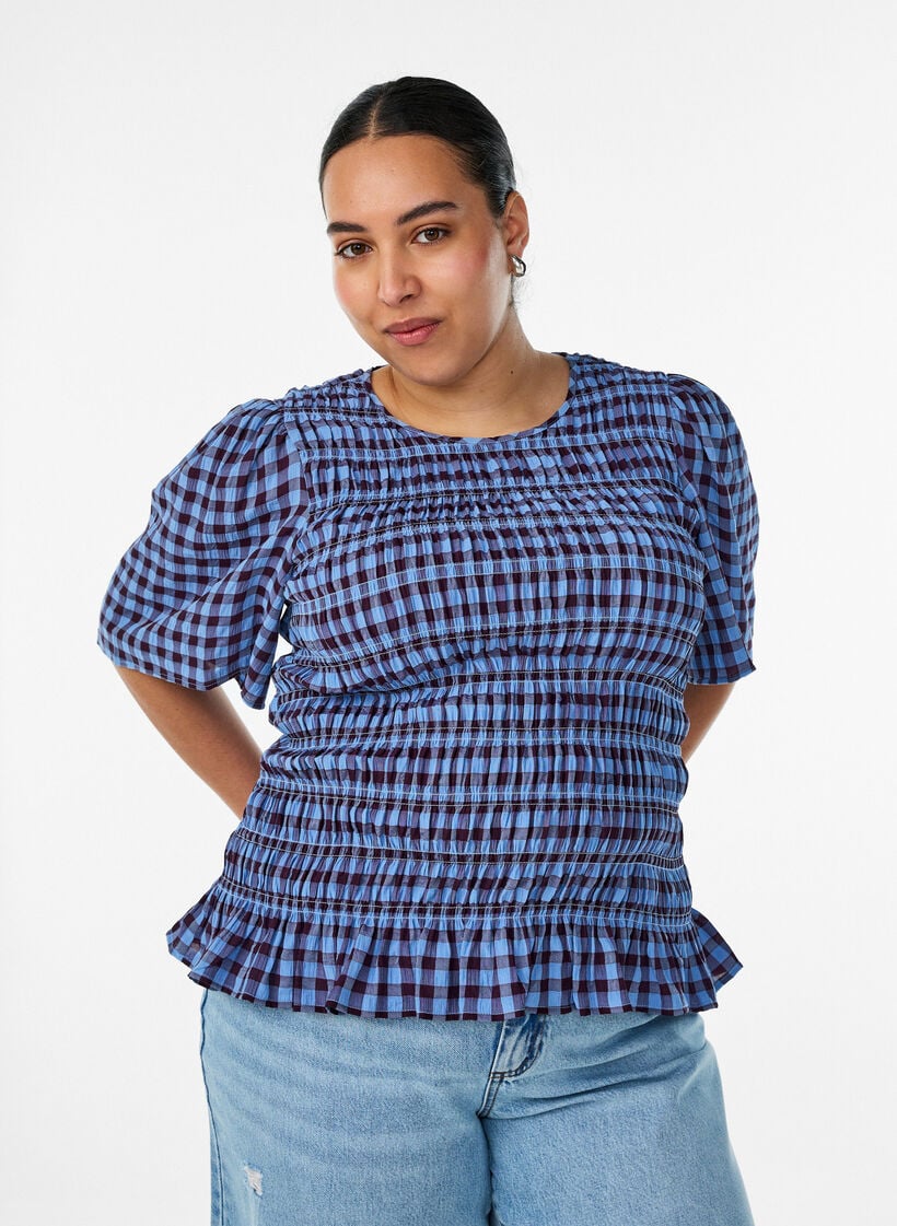 Blouse smock&eacute;e &agrave; carreaux vichy et ourlet &agrave; volants, Bleu, Model image number 0