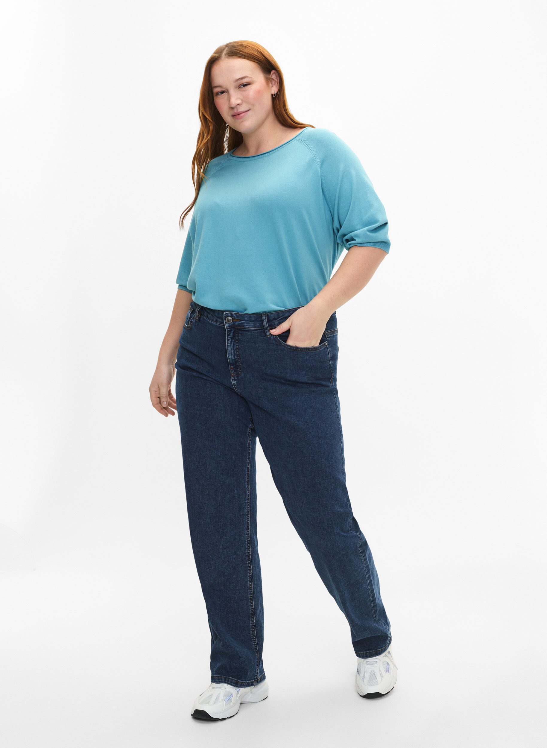 Zizzi Chemisier tricot en viscose avec manches 3/4, Reef Waters, Model image number 2