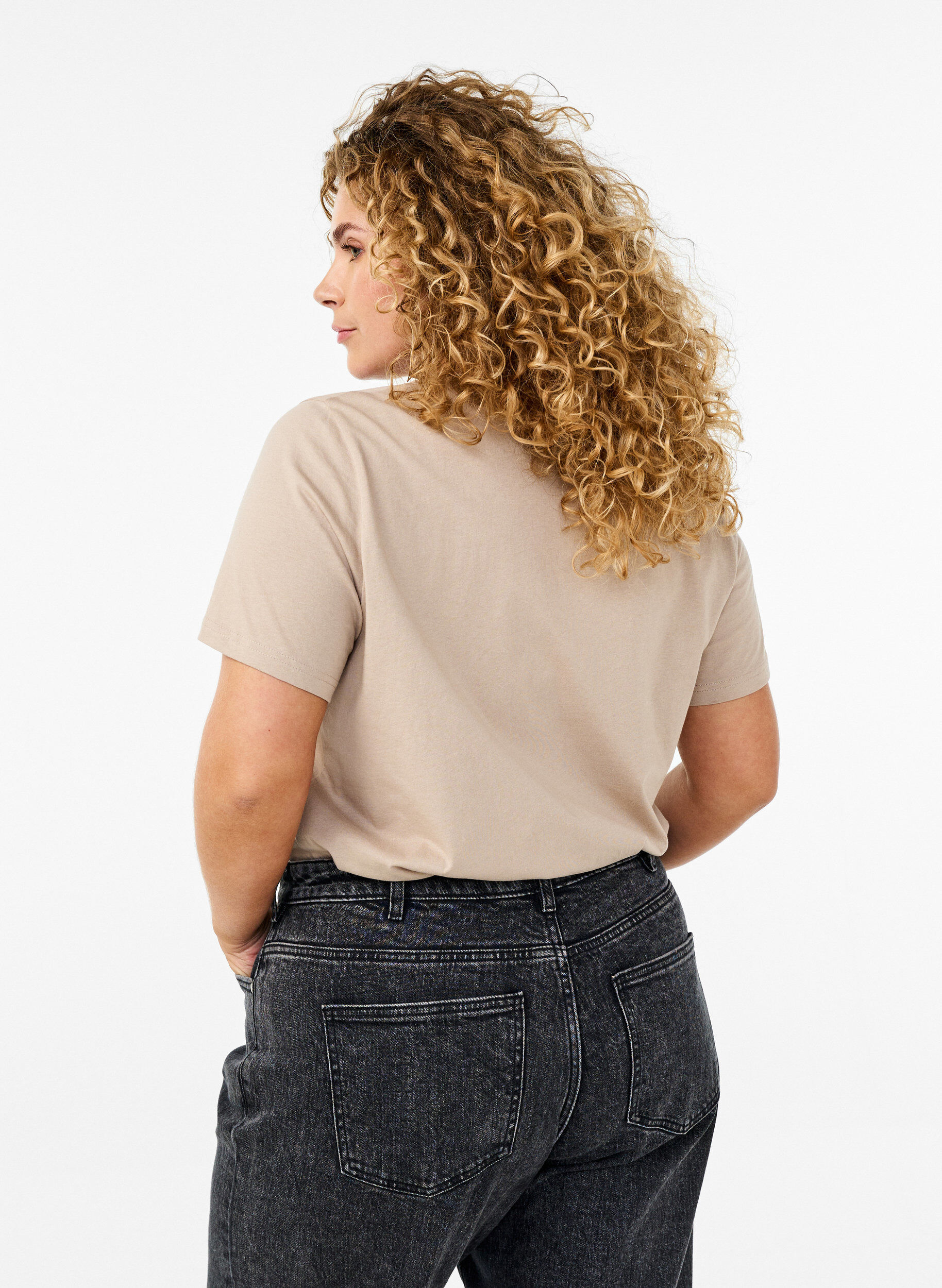 ZizziBasic katoenen T-shirt met ronde hals, Beige, Model image number 2