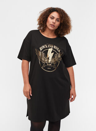 Katoenen T-shirt jurk met print details, Black w. Gold, Model image number 0
