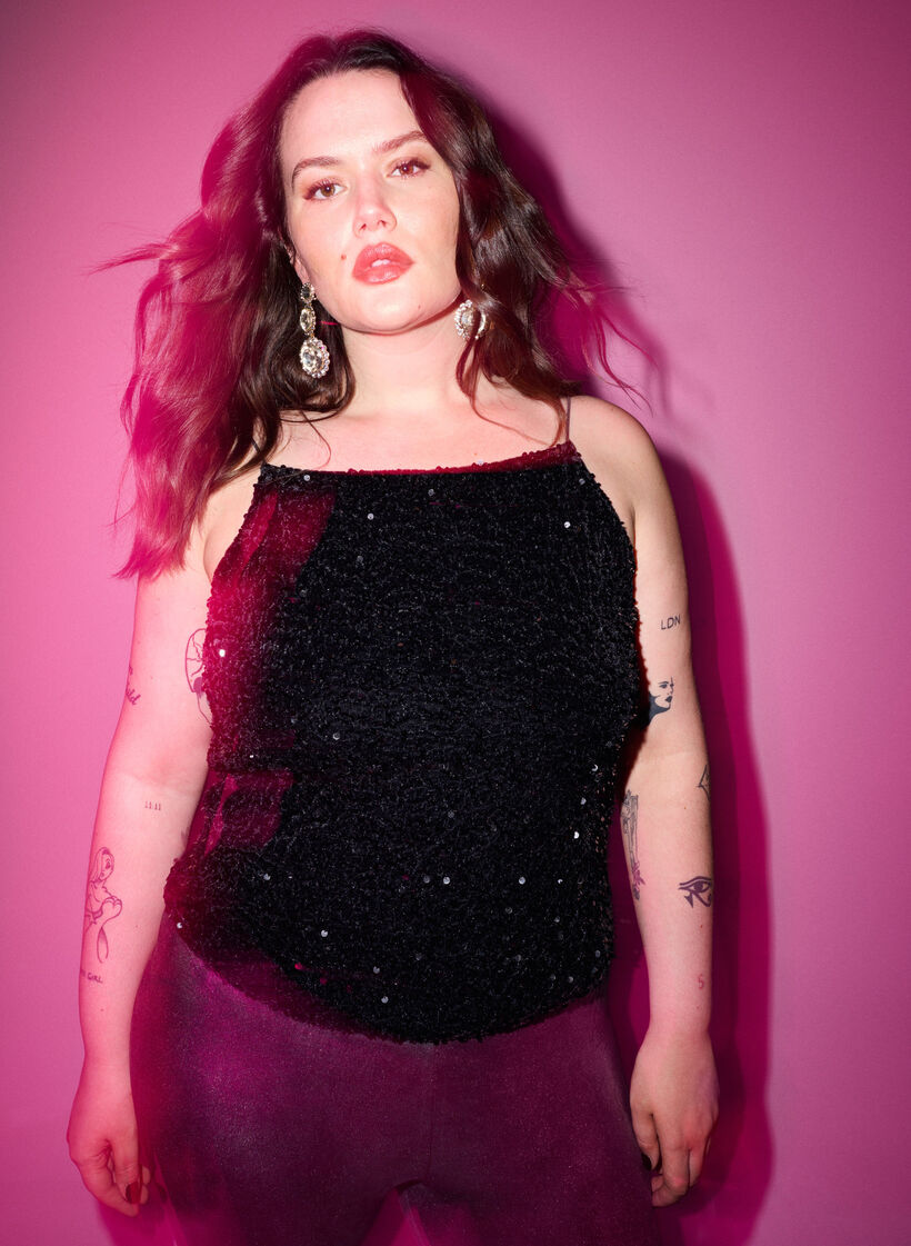 Top à paillettes avec des bretelles étroites, Black Sequins, Image image number 0
