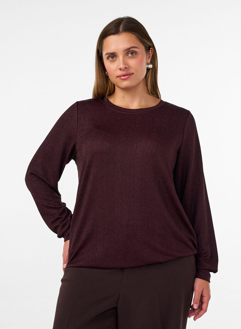 Blouse avec texture verticale et fils scintillants, Bordeaux, Model image number 0