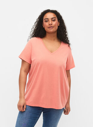 T-shirt à manches courtes avec col en V, Bright Coral, Model image number 0