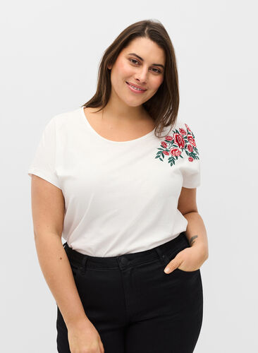 T-shirt en coton à manches courtes avec broderie, Warm Off-white, Model image number 0