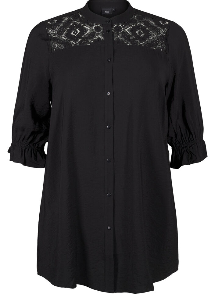 Lang viscose shirt met kanten detail, Black, Packshot image number 0