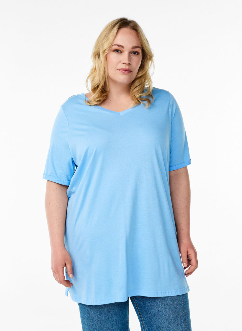 Enkelkleurig oversized T-shirt met V-hals, Blauw, Model image number 0