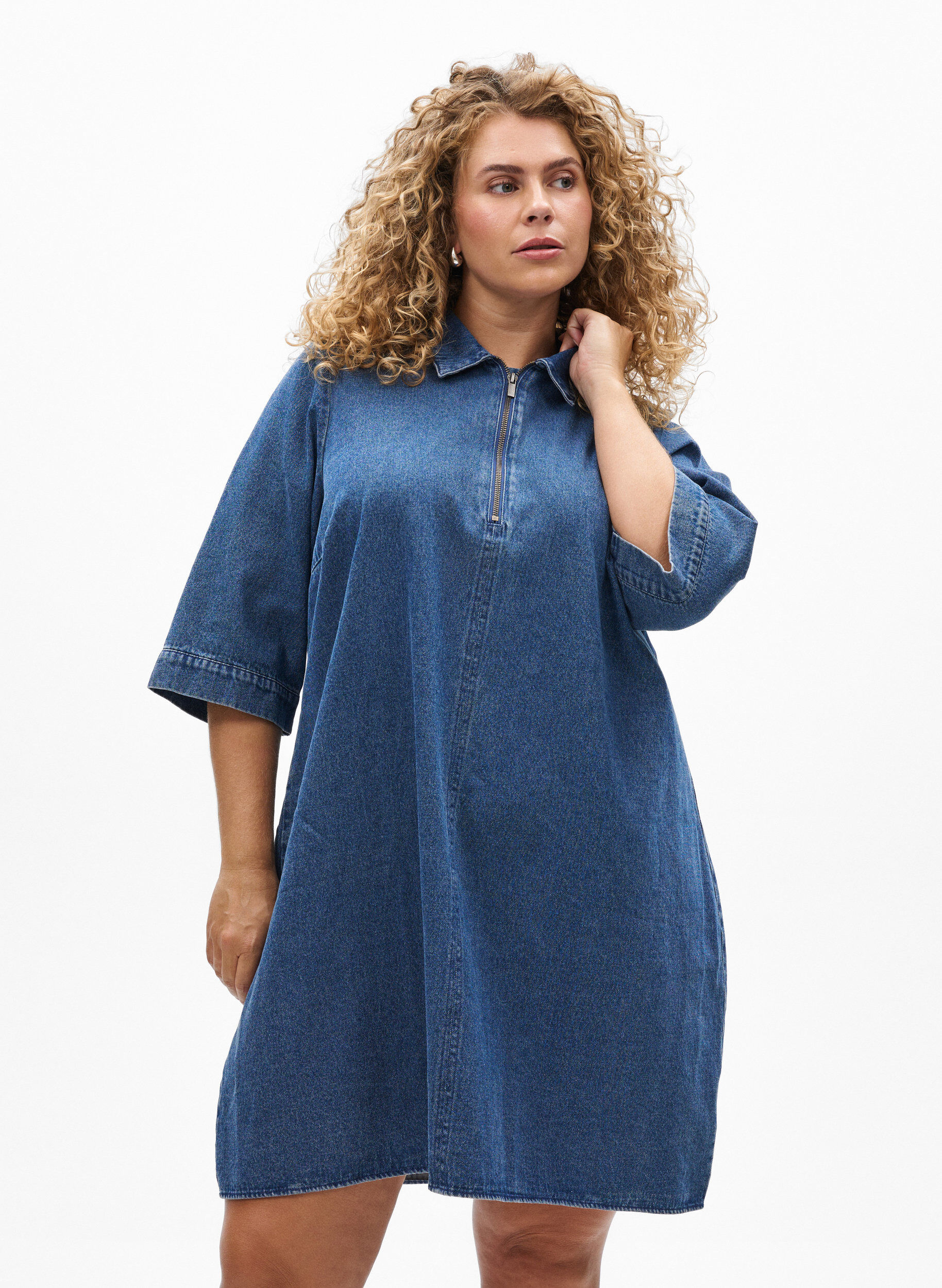Korte denimjurk met ritssluiting en 3/4 mouwen, Blauw, Model