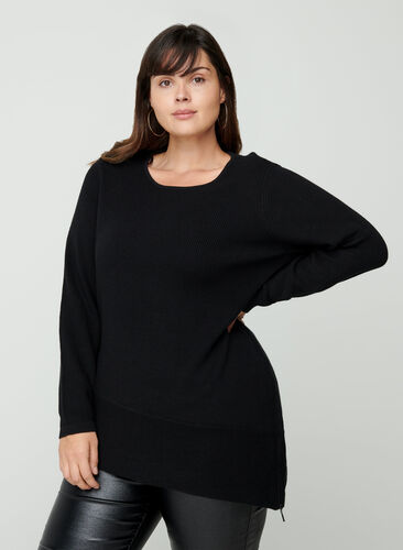 Gebreide blouse met asymmetrische onderkant, Black, Model image number 0