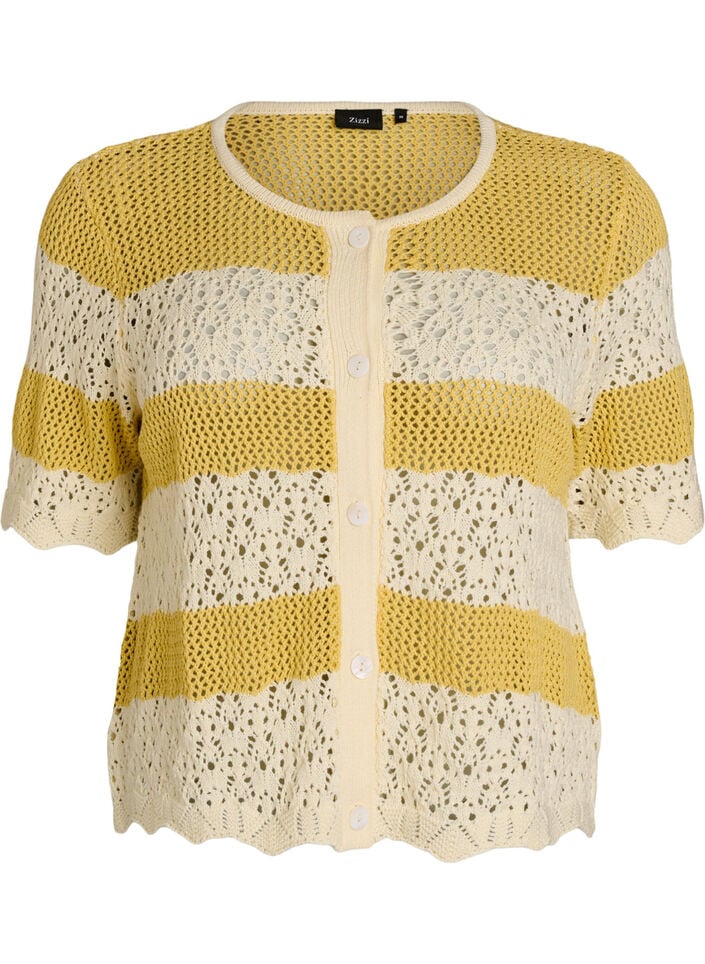 Cardigan en maille avec broderie ajour&eacute;e et rayures, Jaune moutarde, Packshot