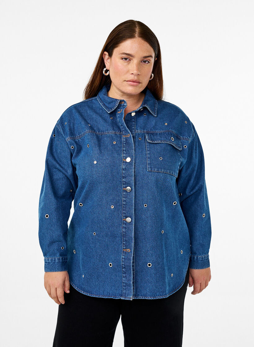 Denim shirt met oogjes, Blauw, Model image number 0