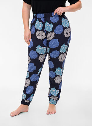 Pantalon de pyjama en coton avec imprimé floral, Blue Flower, Model image number 2