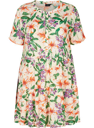 Viscose jurk met korte mouwen en a-lijn, Tropic AOP, Packshot image number 0