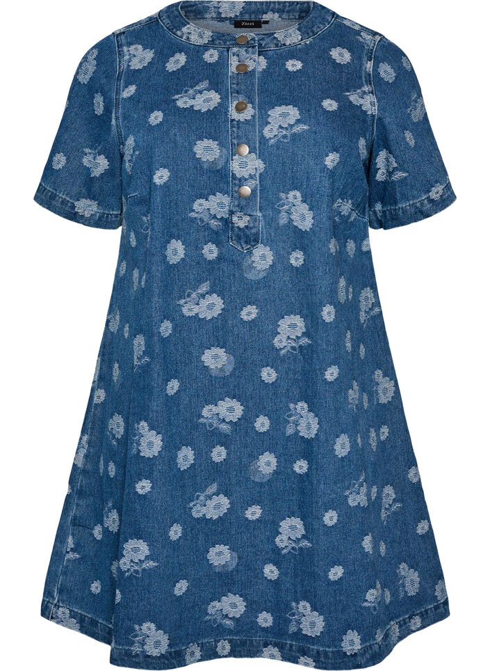 A-lijn denimjurk met bloemenpatroon, Blauw, Packshot image number 0