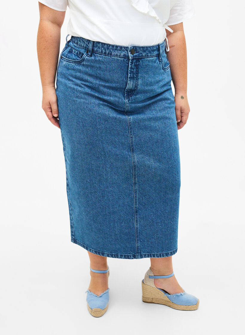 Halflange denim rok met split aan de achterkant, Denim Blue, Model image number 2