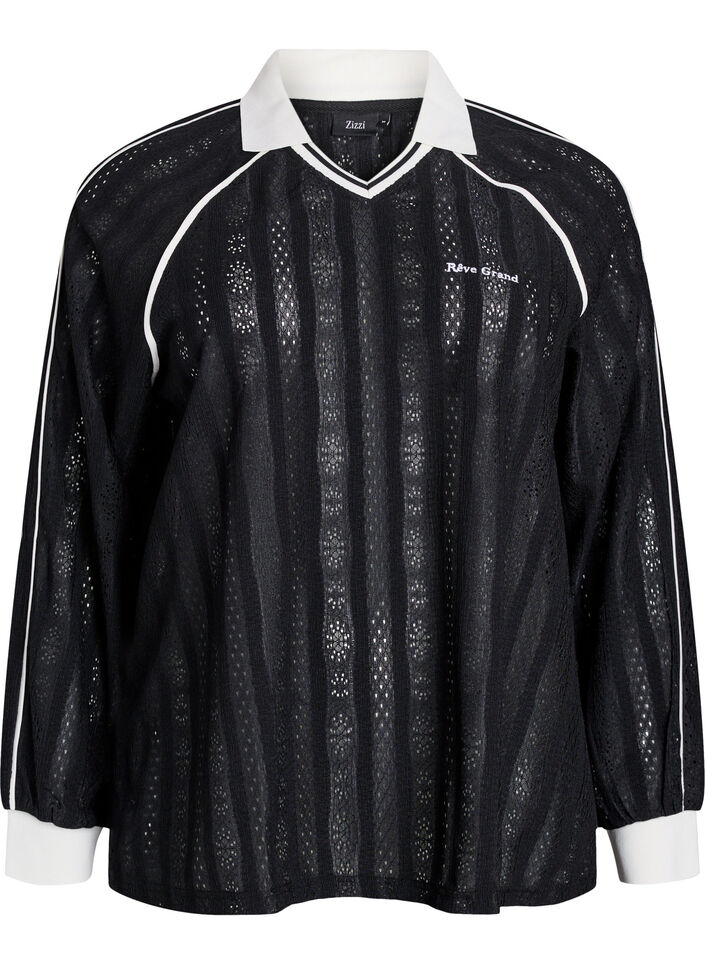 Blouse en jersey texturé avec détails contrastants, Noir, Packshot image number 0