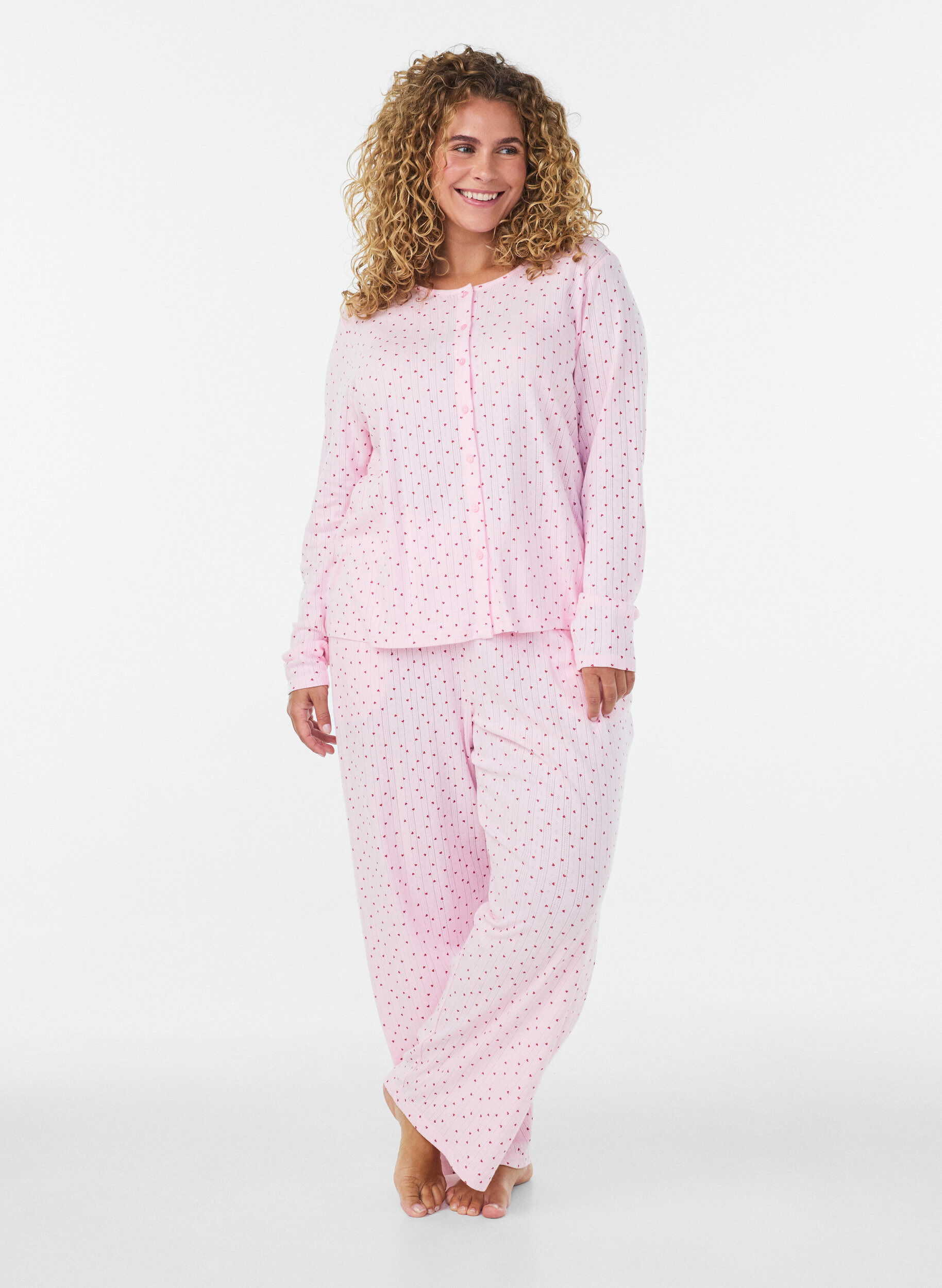 ZizziOrganisch katoenen pyjamabroek met oogjesborduurwerk, Roze, Model image number 0