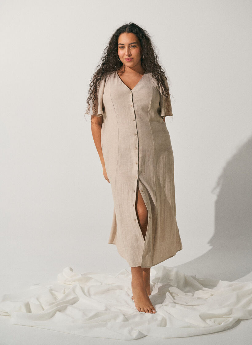Midi jurk in linnen en viscose met ruchesmouwen, Beige, Image image number 0