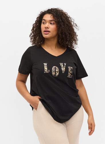 Katoenen t-shirt met v-hals, Black Love Leo, Model image number 0