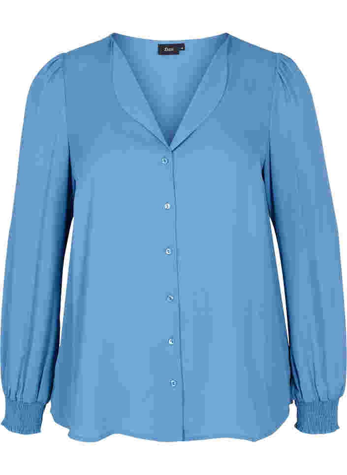 Chemise à col en V avec smock, Captains Blue, Packshot image number 0