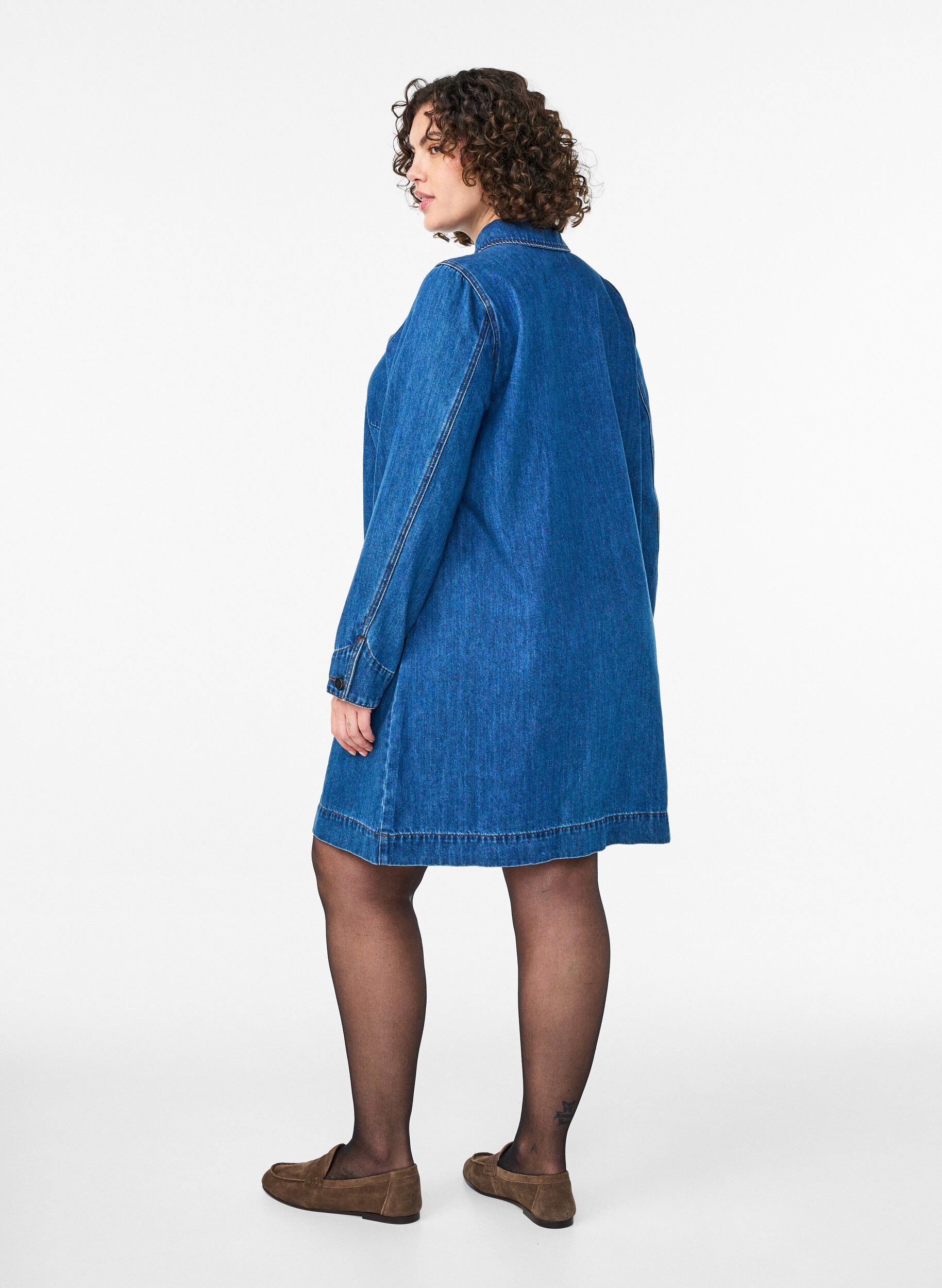 ZizziKorte denimjurk met ritssluiting en kraagje, Blauw, Model image number 2