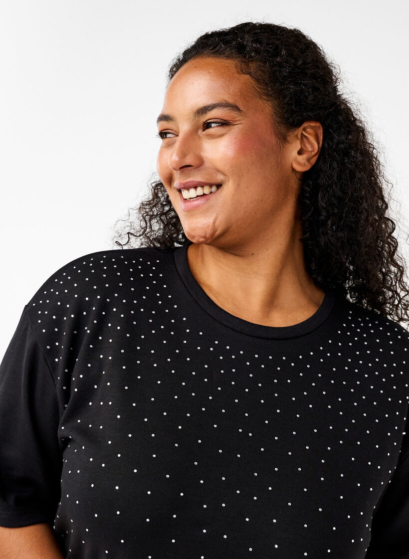 T-shirt avec strass et col rond, Noir, Model image number 3
