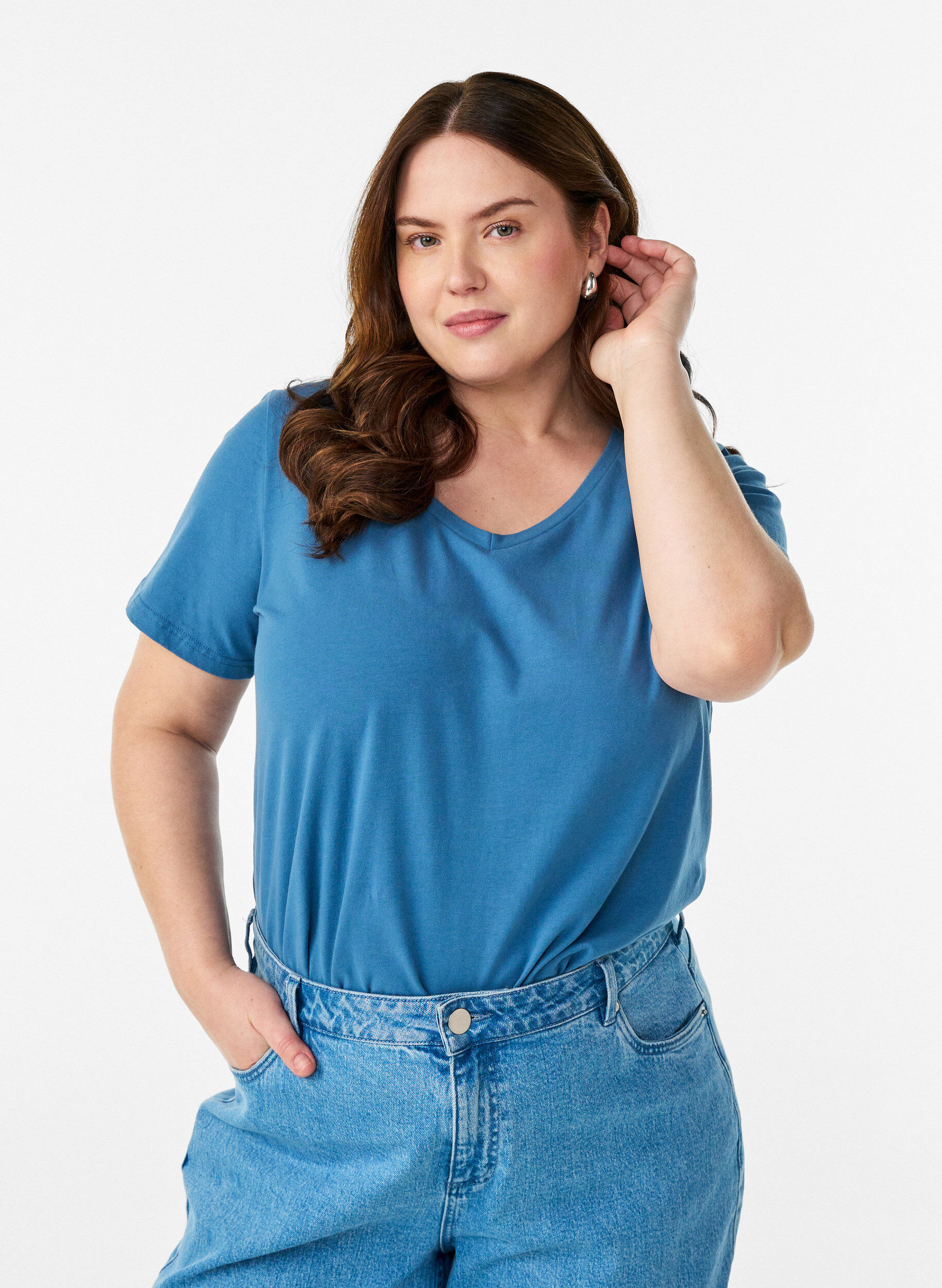 ZizziEffen basic katoenen T-shirt, Grijs, Model image number 1