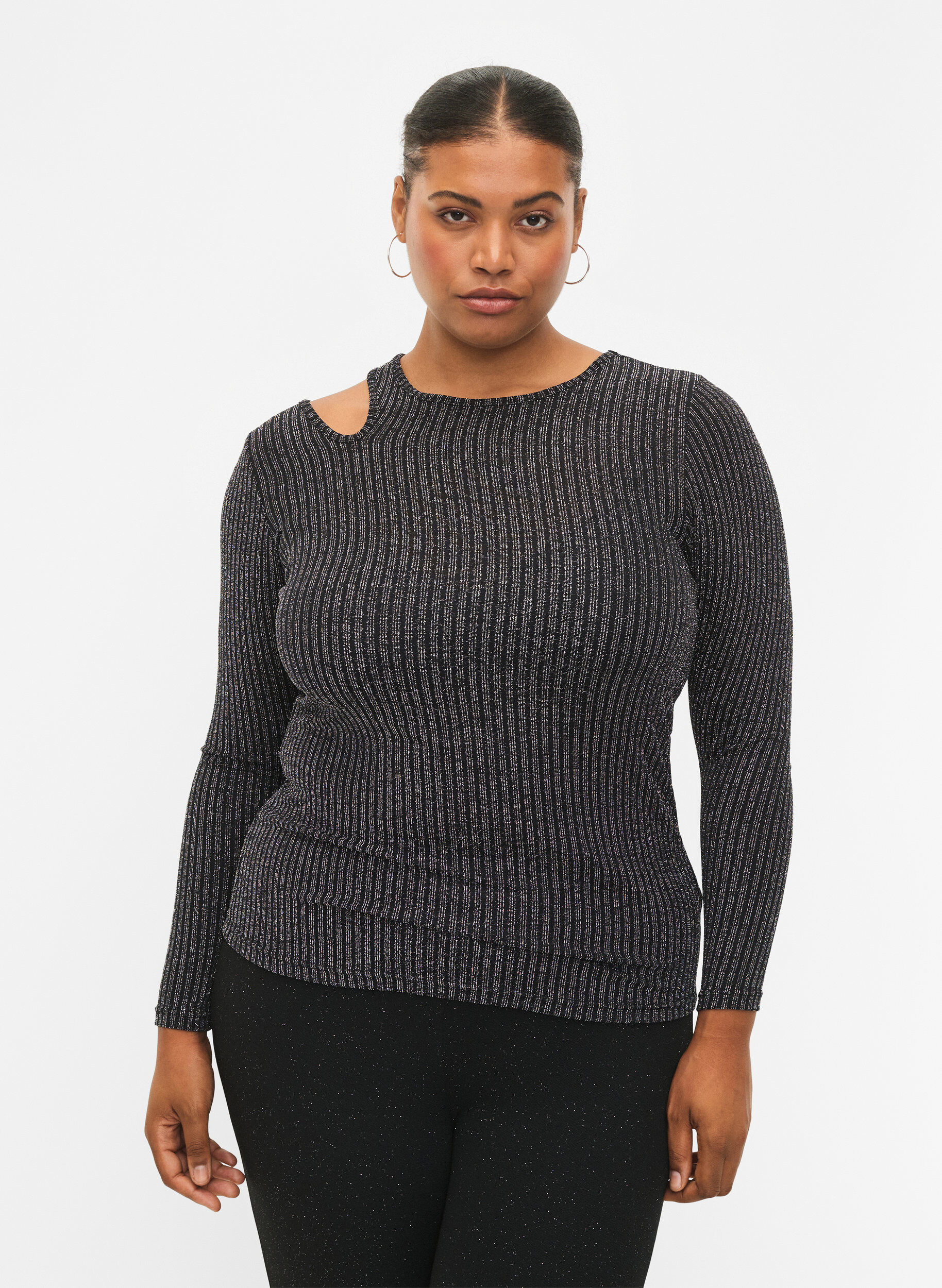 ZizziUitgesneden blouse met lange mouwen en glitter, B. w. Silver Stripes, Model image number 0