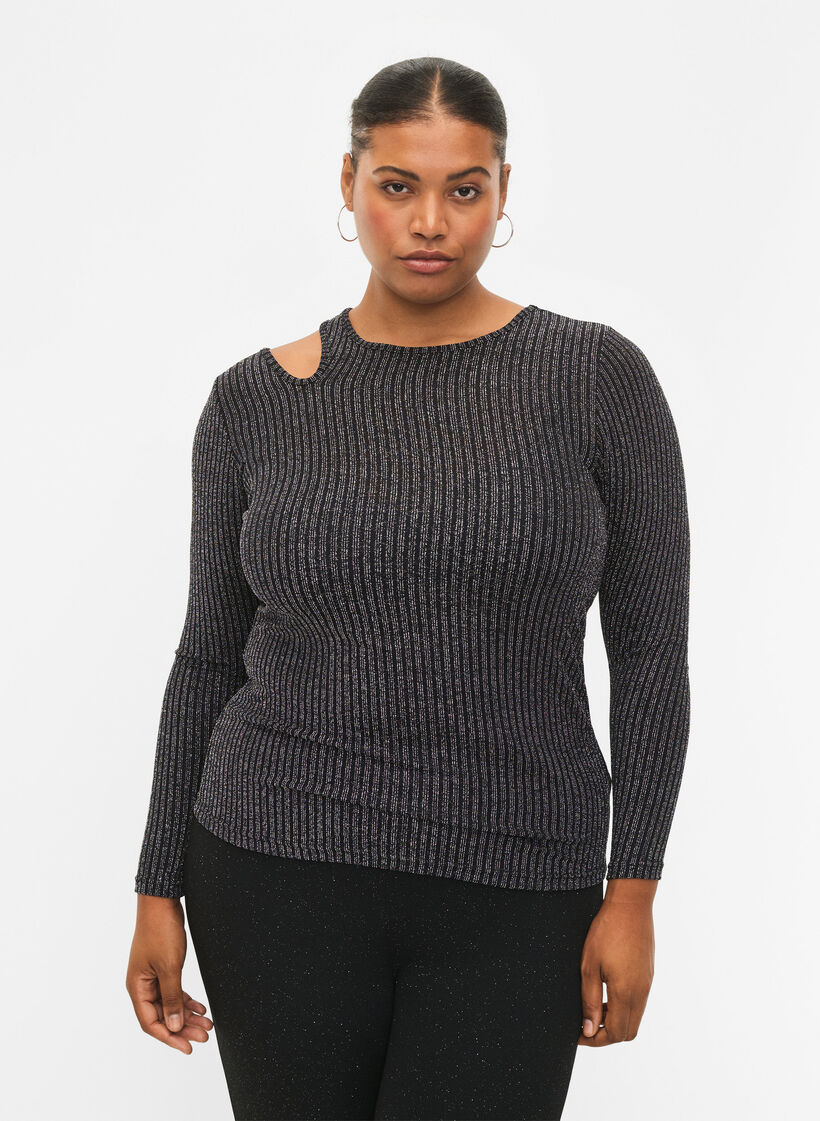 Blouse à manches longues avec découpe et paillettes, B. w. Silver Stripes, Model image number 0