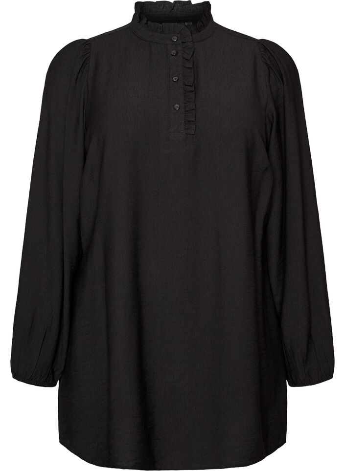 Tunique en viscose avec volants et boutons, Noir, Packshot image number 0