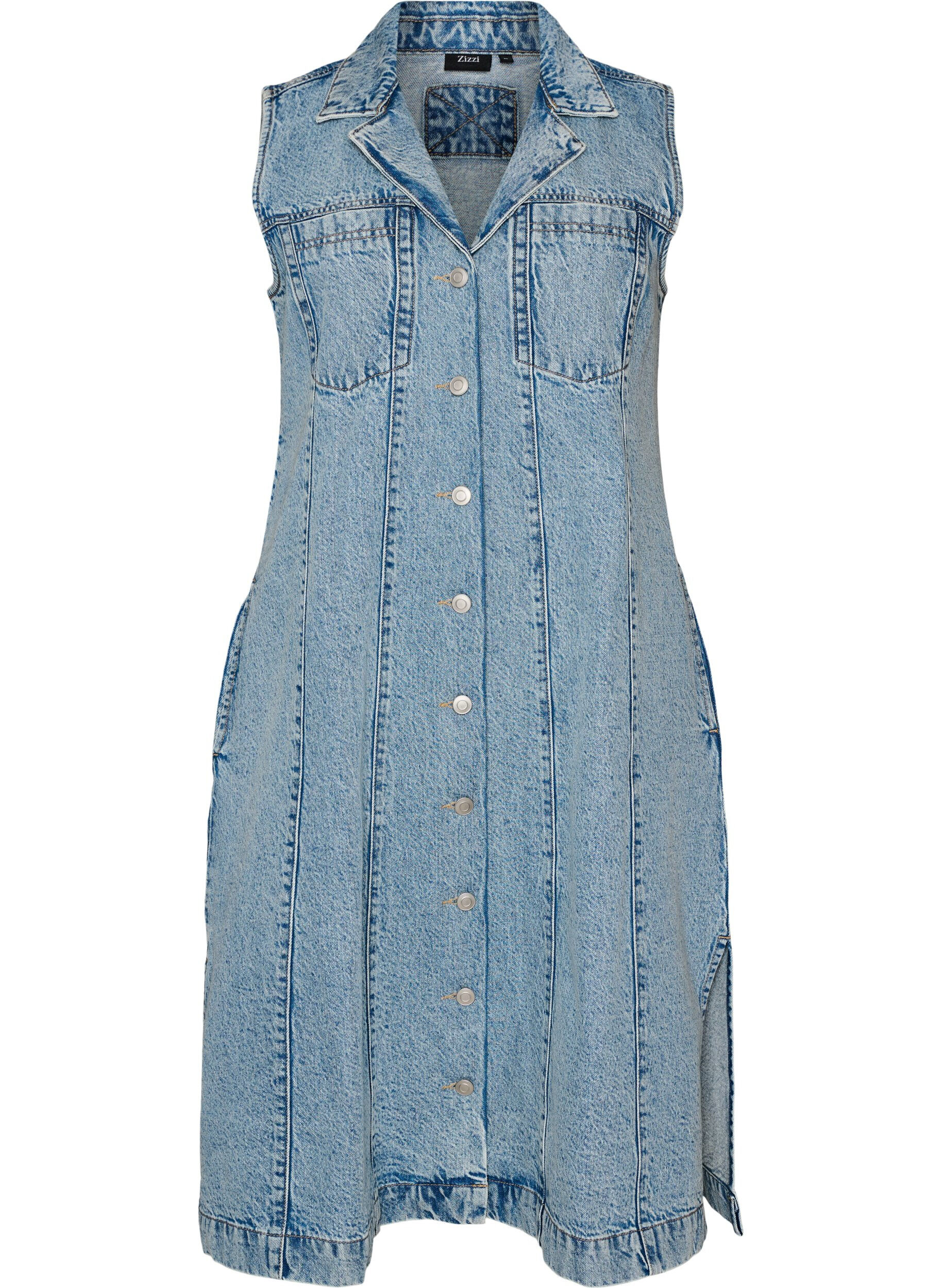 Robe en jean sans manches avec fermeture boutonn&eacute;e et fentes