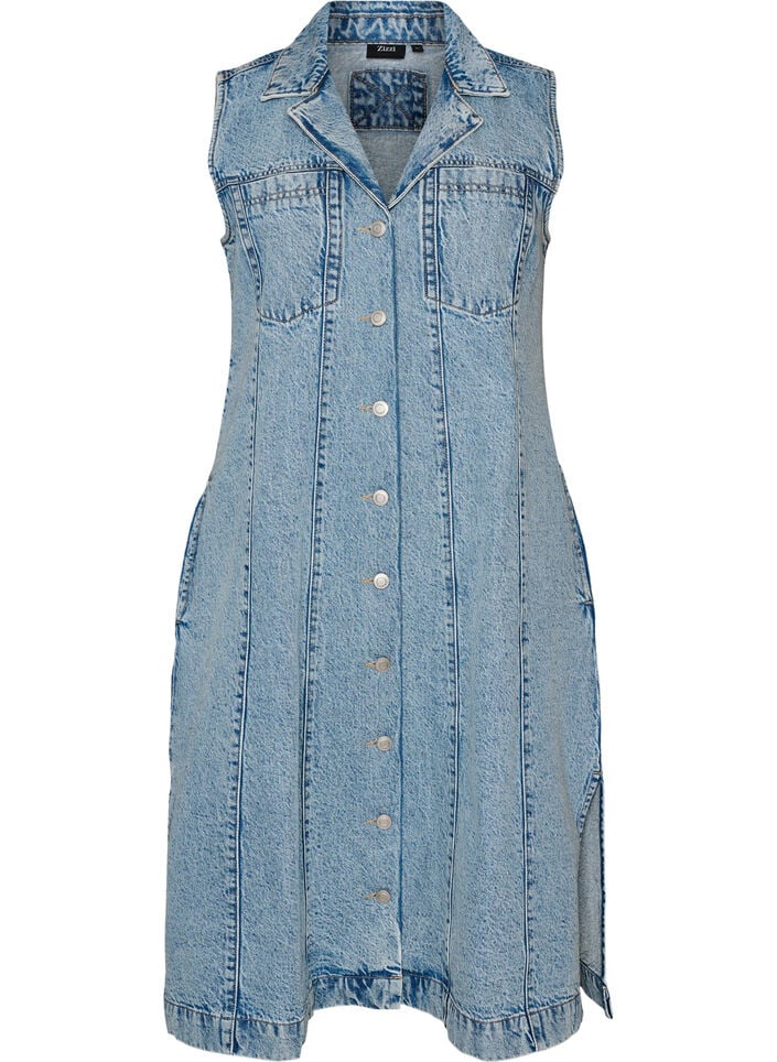 Robe en jean sans manches avec fermeture boutonn&eacute;e et fentes, Bleu Clair, Packshot